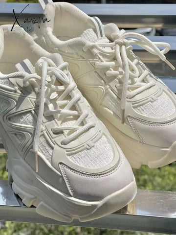 Xajzpa - Pearl Chain Platform Sneakers White Buffalo Shoes Women Vintage Chunky Sports Vulcanize